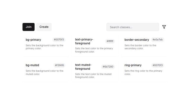 Thumbnail for prompt: create a beautiful component with a list of classes with class name id and with buttons join and create at top 