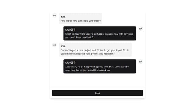 Thumbnail for prompt: Shadcn ui ai assistant chat component. The component should include a chat box, an area where the AI will respond to the chat, and dropdown sub-components named "select a project" and "select a recipient"