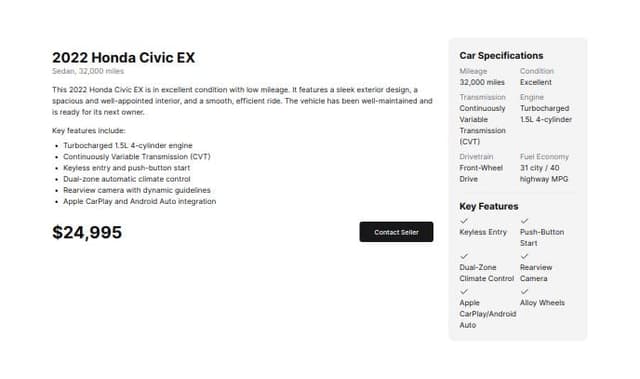 Thumbnail for prompt: Carmax like website to sell cars. Detail view of a single car with images, description etc
