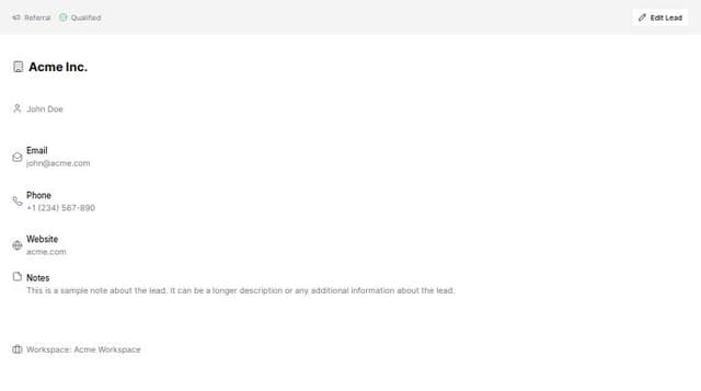 Thumbnail for prompt: Generate a page for viewing a lead in a CRM. A lead has a source, status, company name, contact name, email, phone, website, notes, and belongs to a workspace. There should be an edit button. Use icons and shadcn/ui wherever possible.