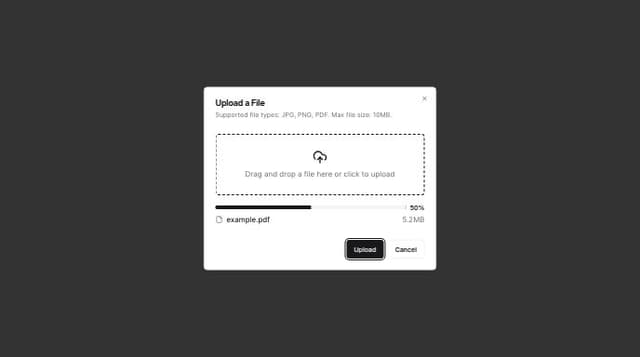 Thumbnail for prompt: create a dialog upload component, show the supported files and a button to upload with a progress bar, put a big spavce for drag and drop and also show the max file size