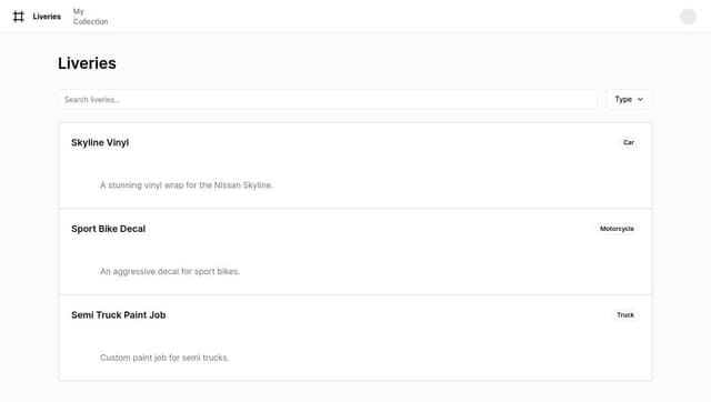 Thumbnail for prompt: make a liveries fivem list. able to search/able to put which type. but make it with vercel thema