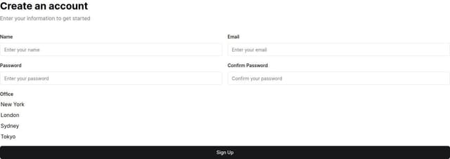 Thumbnail for prompt: create a registration form using shadcn ui components, must include fields for name, email, password, confirm password, office