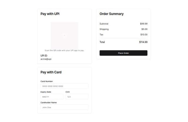 Thumbnail for prompt: Create a payment gateway checkout page with UPI and card details