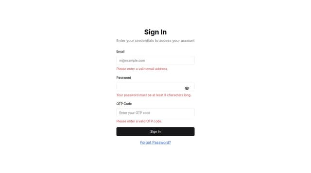 Thumbnail for prompt: Shadcn form component with email, password and otp code