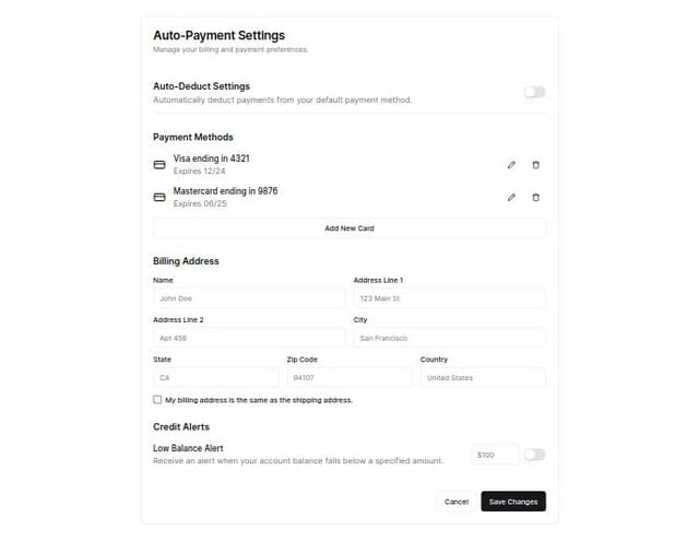 Thumbnail for prompt: Create an intuitive Auto-Payment Settings UI for ServerAvatar’s billing section. The interface should include:

Auto-Deduct Settings Toggle: Enable or disable auto-payment features.
Payment Method Section: Allow users to add new cards and set a default card.
Billing Address: Input fields for the billing address with an option to check "My billing address is the same as the shipping address."
Credit Alerts: Enable users to set alerts when their account balance falls below a specified amount.
Ensure all elements are organized horizontally within a clean, pixel-perfect design. Each section should be clearly labeled, and the overall layout should provide a seamless user experience.