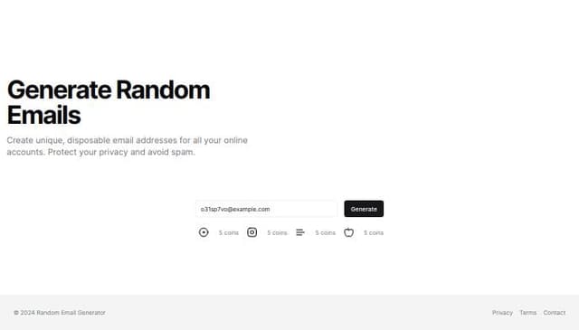 Thumbnail for prompt: Certainly! Here’s a prompt for designing a single-page UI for a random email generator website without the header and footer:

---

## UI Design Prompt for Single Page Random Email Generator Website

**Theme:** Black and White

### Page Layout

1. **Introduction Section:**
   - **Headline**: "Get Your Temporary Email Instantly!"
   - **Description**: Briefly explain the service and its benefits.
   - **Graphic/SVG Animation**: Complementary to the description.

2. **Email Generator Section:**
   - **Email Input Field**: 
     - A text input field pre-filled with a random email address (e.g., `random123@mailservice.com`).
   - **Service Options**:
     - Icons for Discord, Instagram, Telegram, and Apple placed next to the input field.
     - Each icon displays the cost of 5 coins in SVG format.
     - Clicking an icon highlights it and deducts 5 coins from the wallet.
   - **Generate Button**:
     - A button labeled "Generate" positioned to the right of the service options.
   - **Wall