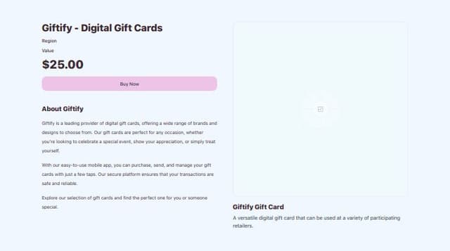 Thumbnail for prompt: product details page for giftcards mobile app,
add card region selector and card value selector 
and price and buy now button and product info sextion