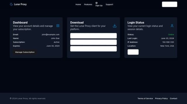 Thumbnail for prompt: create dashboard page for the client with the same navbar, login status, user information including email and name, subscription management and client download area with windows, linux, mac options