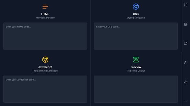 Thumbnail for prompt: Develop an HTML, CSS, and JavaScript editor with real-time preview. The interface should be divided into 4 sections: two rows and two columns, one for each language and one for the preview. Each section should have an icon representing the corresponding language. Additionally, include a left sidebar with functions such as full-screen preview, open in another tab, reload, share link, download code, and additional options that expand upon clicking a button. The color scheme should be visually pleasing and programmer-friendly.