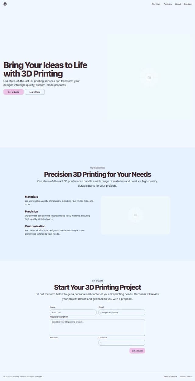 Thumbnail for prompt: a simple landing page for a freelancer 3d printer, for clients get quotes