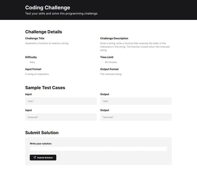 Thumbnail for prompt: Prompt:

Design a detailed challenge page for a programming challenges website. The page should display the following information for each challenge:

Challenge title
Challenge description
Difficulty level (e.g., Easy, Medium, Hard)
Time limit (if applicable)
Input format
Output format
Sample test cases with input and output
Submit solution button
Specifications:

Primary Colors: Royal Blue (#1E3A8A) and Emerald Green (#10B981)
Secondary Colors: Dark Gray (#374151) and White (#FFFFFF)
Fonts: Inter and Roboto
Style: Clean, modern, and professional
Components:
Clear and distinct sections for each piece of information
Interactive elements with subtle shadows and highlights
Responsive and accessible design
Icons related to coding, difficulty level, and time limits
A section for users to submit their solutions with a code editor interface
Ensure the design is fully responsive and accessible. Include icons and visual cues to enhance the user experience and make the information easy to digest
