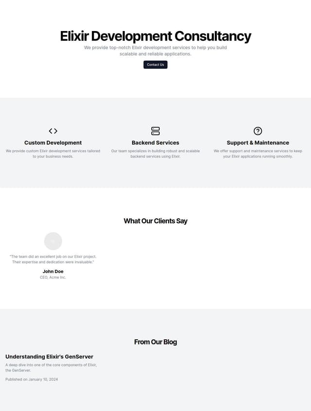 Thumbnail for prompt: a landing page for an Elixir-centered development consultancy with a blog