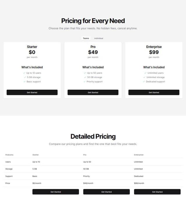 Thumbnail for prompt: using this as the teams pricing tab can you make another tab for individual pricing

there should be a tabbed design with teams pricing on on tab and individual pricing on the next...