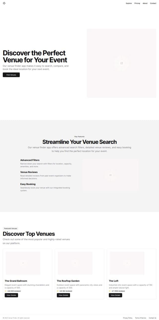 Thumbnail for prompt: landing page for my venue finder app