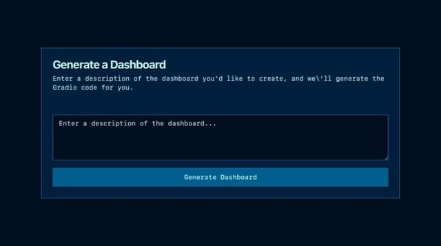 Thumbnail for prompt: I want to create a Gradio UI that allows you to type in a description of a dashboard, it then uses litellm to generate the gradio code and displays a iframe using a seperate jupyter notebook api and port not conflict with primary gradio UI. Stream: Running on public URL: https://176bfff3f92c8a409d.gradio.live (replace with whatever the actual url)


These are two seperate function, one is the primary gradio UI, the other is executed from the gradio UI using the jupyter api to create new dashboards using the def run_jupyter_code() to dynamically generate new gradio UIs and display them in the iframe using the live url. 