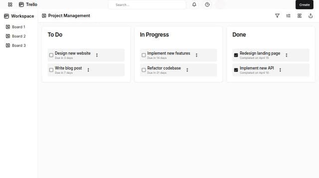 Thumbnail for prompt: The Trello interface presents a comprehensive project management tool with a clean and intuitive layout. At the top of the screen, a heading menu spans the width, featuring various options and icons. On the left, you'll find the grid icon, Trello logo, and dropdown menus for Workspaces, Recent, Starred, and Templates. The right side of this menu houses the Create button, a search bar, and icons for notifications, help, and user profile.
Below this main menu, the screen is divided into three primary sections. A left sidebar displays the Trello workspace header with a pink icon, followed by a list of boards under the "Your boards" subheader. The top bar of the main content area shows the current board's title, "Double Jump Tasks," along with various action icons and a Share button.
The main content area dominates the screen, showcasing a Kanban-style board with three columns: Andrew, Sam, and Done. Each column is represented by a white card with a header and an option to add new cards. 