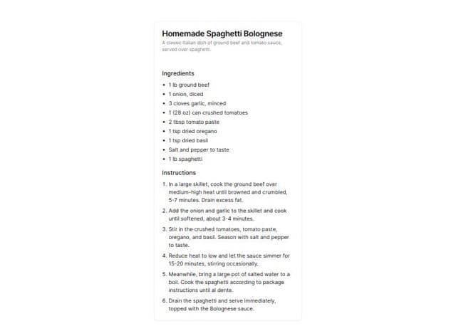 Thumbnail for prompt: make me a basic recipe shadcnui card with a name, description, ingredients (bullet list), steps (numbers list)