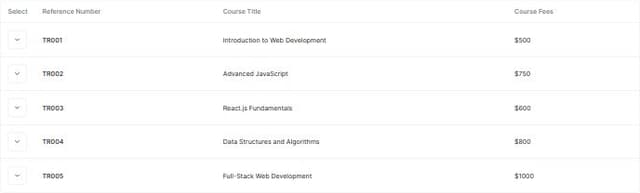 Thumbnail for prompt: Below the progress bar, Add a table inside. Table Columns should have Reference Number, Course Title and Course Fees. On the first column should be a select button for record