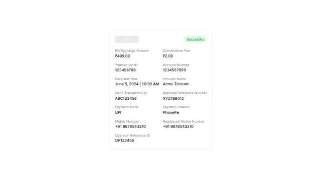Thumbnail for prompt: PhonePe Receipt Design
Below is a structured template for a PhonePe receipt incorporating all the provided details:

yaml
Copy code
-----------------------------------------
|          PhonePe Logo                |
|---------------------------------------|
| Transaction Status: Successful       |
| Bill/Recharge Amount: Rs 4501.00     |
| Convenience Fee inclusive of GST: Rs 0.00 |
| PhonePe Transaction ID:              |
| b948biydadmfzb73a5b6190302697554     |
| Account Number: XXXX145              |
| Date & Time: Tue June 04 00 13:16:18 |
| IST 2024                             |
| Provider Name: Credit Saison         |
| BBPS Transaction ID:                 |
| PPTHXKIALUIEWHYZ5NB1                 |
| Approval Reference number: chihrfzt  |
| Payment Mode: Account                |
| Payment Channel: PhonePe             |
| Mobile Number: XXXXXXXXXX            |
| Registered Mobile Number: XXXXXXXXXX |
| Operator Reference ID:               |
| b948779315f04073a5b6190302697554     |
