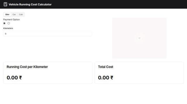 Thumbnail for prompt: make a webpage of a calulator that can calculate the running cost of bike, car or cabs of different vehicles models option with respect to per kilometer, even include option if the vehicle is on cash or emi and an option to calculater the cost of running for the given kilometers by the user. Make the UI intractive by including vehicle images. and a logo of calcultor with a car incribed on it. 