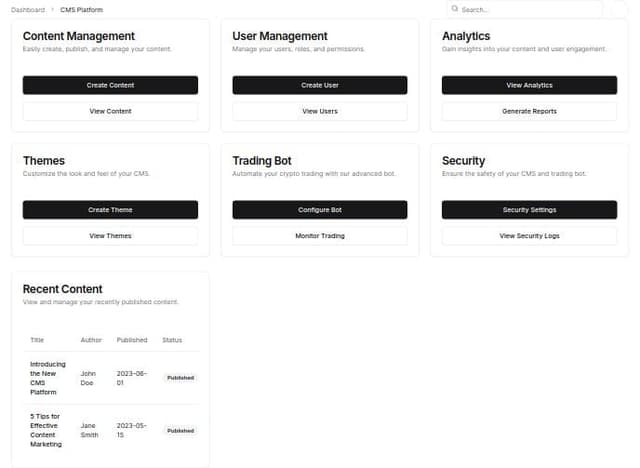 Thumbnail for prompt: Create CMS, bot, to trading on CEX
