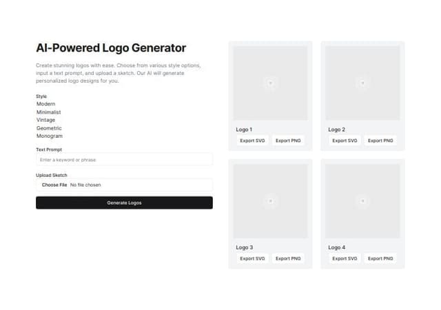 Thumbnail for prompt: A logo generator app using the power of AI. Let users pick certain styles, have a prompt, upload a sketch and option to export to svg and png. 