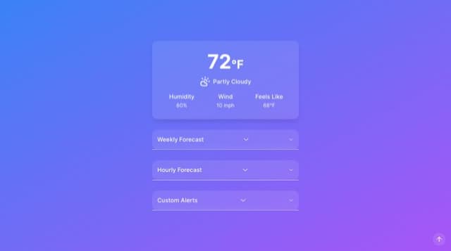 Thumbnail for prompt: make sure we see the entire weekly forecast. make on of the cards "toggled" (as hourly display). Add the alerts section (user can add, edit, delete) alerts