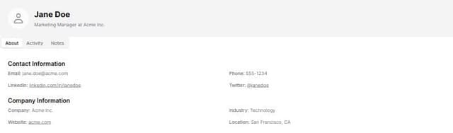 Thumbnail for prompt: A profile page similar to a profile page for a Contact object in HubSpot. This page holds information about the contact, shows recent activity, etc