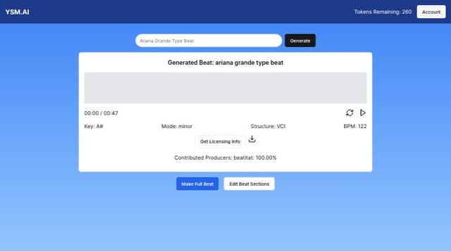 Thumbnail for prompt: Make a webpage for showcasing generated music tracks while allowing users to edit them and showing trending and similar generated tracks to users on the side