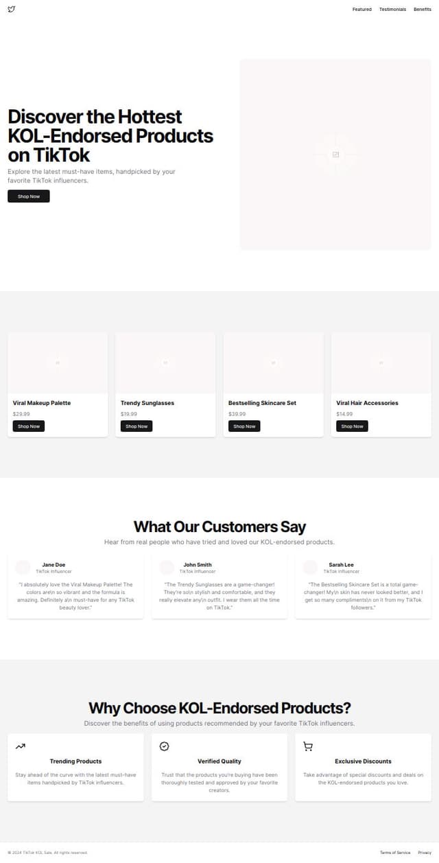 Thumbnail for prompt: A landing page for KOL sale items on tiktok