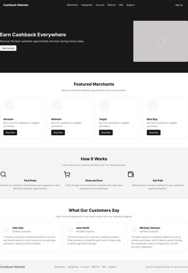 Thumbnail for prompt: What things pages, apps are required for a cashback website