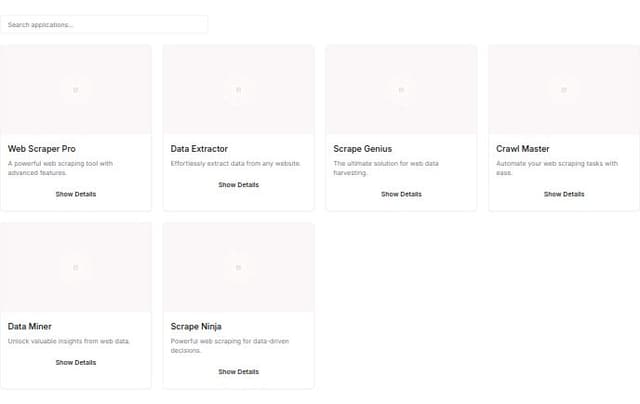 Thumbnail for prompt: make a list of web scraping applications and include the search feature. include title , description. show image in the card. and make a black button with show details button