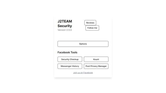 Thumbnail for prompt: create code of popup page for my extension with requirements:

```
the interface of an application called "J2TEAM Security" version 2.0.0. The interface has the following elements:

J2TEAM Security - The application name.
Version: 2.0.0 - The version of the application.
Reviews - A button presumably leading to reviews of the application.
Follow me - A button to follow the creator or the app's updates.
Premium Dashboard - A prominent blue button for accessing the premium dashboard.
Options - A button for accessing options/settings.
Facebook Tools - A section header indicating tools related to Facebook.
Security Checkup - A button for performing a security checkup.
Kount - A button, likely for a feature or tool named "Kount".
Messenger History - A button for accessing messenger history.
Post Privacy Manager - A button for managing the privacy of posts.
Join us on Facebook - A link to join the J2TEAM community on Facebook.
```