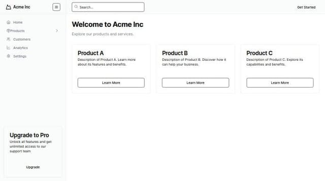Thumbnail for prompt: Create a responsive sidebar and navbar using shadcn/ui. Ensure it includes:

Navbar:
Call to action button on the right
Responsive design that adjusts for different screen sizes.

Sidebar:
Logo or brand name on the top.
Default state shows main menu items vertically aligned.
Expandable/collapsible feature for a mini sidebar (icon-only) and default sidebar (with labels).
Menu items with submenus that expand on hover or click.
Highlight current active menu item.

Implementation Requirements:
Use shadcn/ui for styling and components.
Ensure responsiveness across different device sizes (desktop, tablet, mobile).
Efficient state management for sidebar expansion/collapse.
