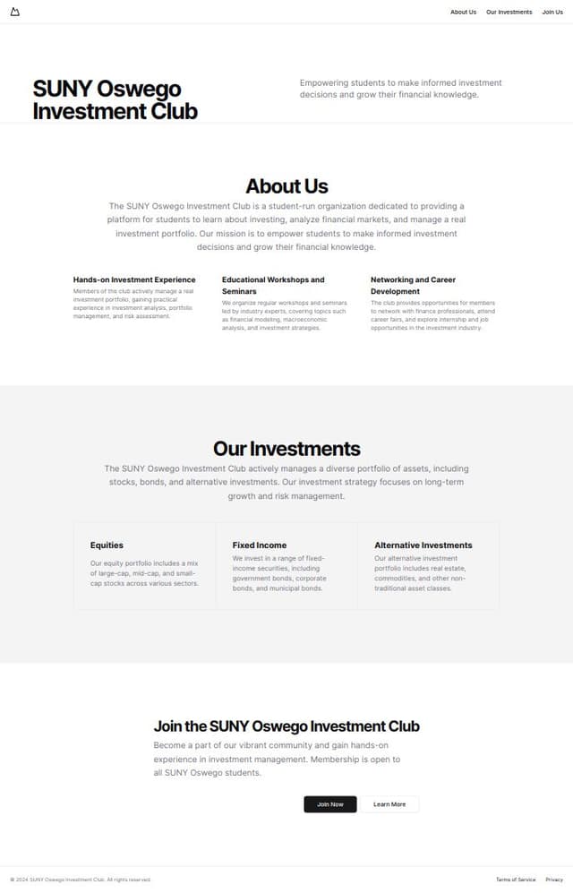 Thumbnail for prompt: Can you generate a webpage for the SUNY Oswego investment club