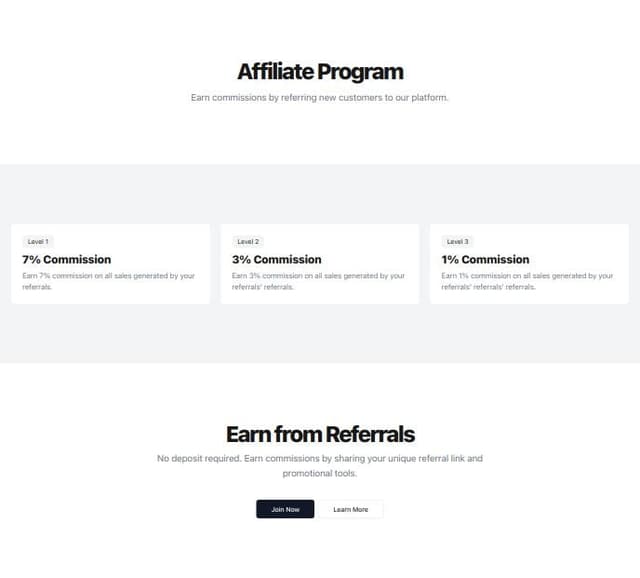 Thumbnail for prompt: design me a simple afflicate page 
3 Levels Affiliate Program
01
7%
02
3%
03
1%
Your deposit is not required to earn from referrals.
Just use our promotion tools with your links and make money.
No active investment required to earn! Start Now