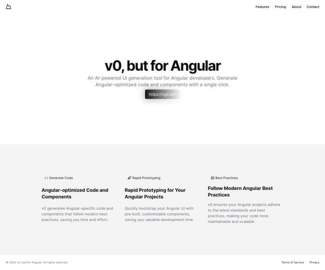 Thumbnail for prompt: A marketing landingpage written as a single React component with a big hero heading saying "v0, but for Angular". Below tagline "Free AI powered UI generation for Angular". Below that a text that is gradient masked saying "https://ng0.dev" (gradient #fa2c05 -> #f637e3 -> #8514f5). A few cards below that contain feature highlights: Generate Code and UI components specifically optimized for Angular. Modern code: Designed to follow Angular best practices such as Standalone components and the new control flow syntax. Inline templates, styles and fully tailwind powered. Pretty desings: Generate nice looking UI with minimal effort to get inspiration for UI Bootstrap your project: Create UI components to copy paste directly into your app. Add a paragraph of text and an icon to each feature highlight.