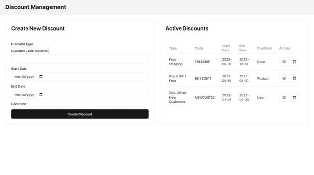 Thumbnail for prompt: a ui for adding new discounts on an admin dashboard. the discount can have multiple deals for products, orders, or users based on certain conditions. There's also different type of discounts like free shipping, buy x get y, etc. discounts can have a code or be applied automatically