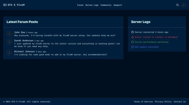 Thumbnail for prompt: a working and responsive gta grand roleplay forum for a gta 5 fivem server users to interact and see the logs with an attractive user interface 