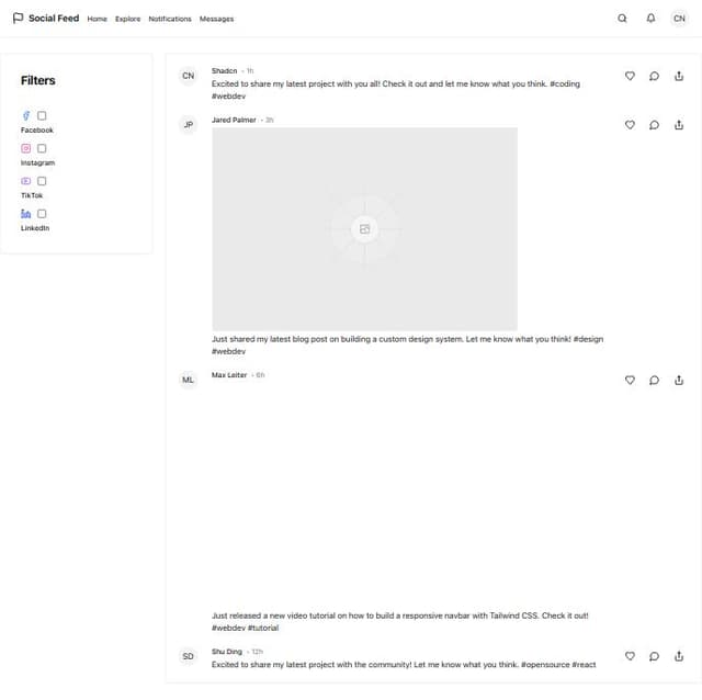 Thumbnail for prompt: create clone of linkediin hoom feed page. This page will show contents from social midea media platforms like facebook, instagram, tiktok, likedin, etc. 