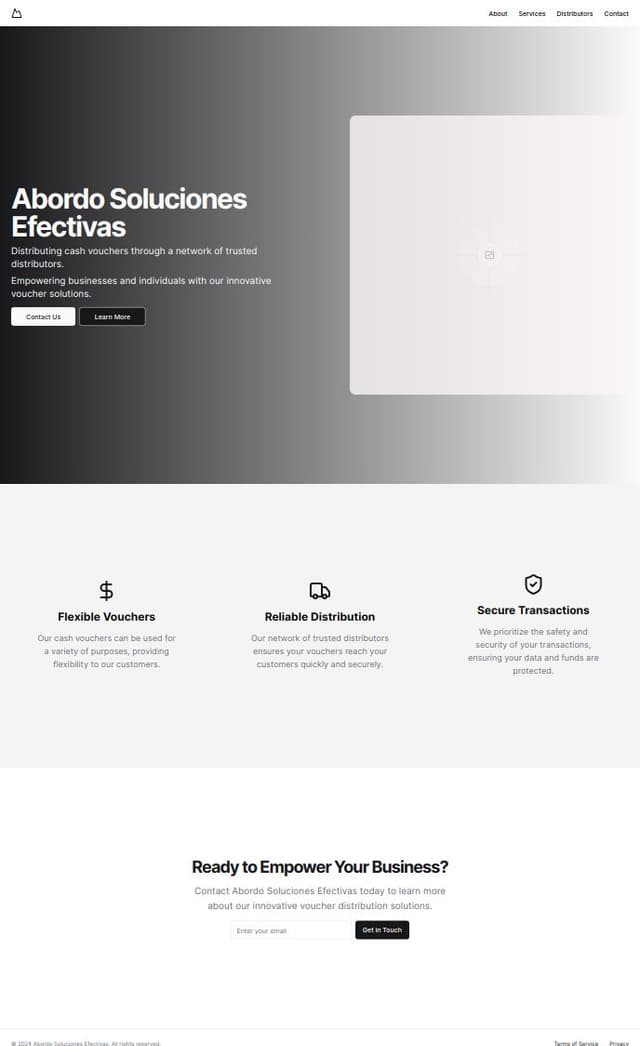 Thumbnail for prompt: Create a single page page for our company Abordo Soluciones Efectivas. Company dedicated to the distribution of cash vouchers through distributors.
