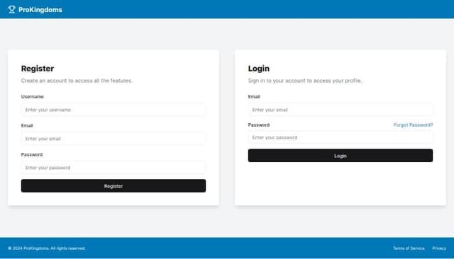 Thumbnail for prompt: Hello!
Please create authorization/registration page for site called ProKingdoms, which focuses on game rankings statistics