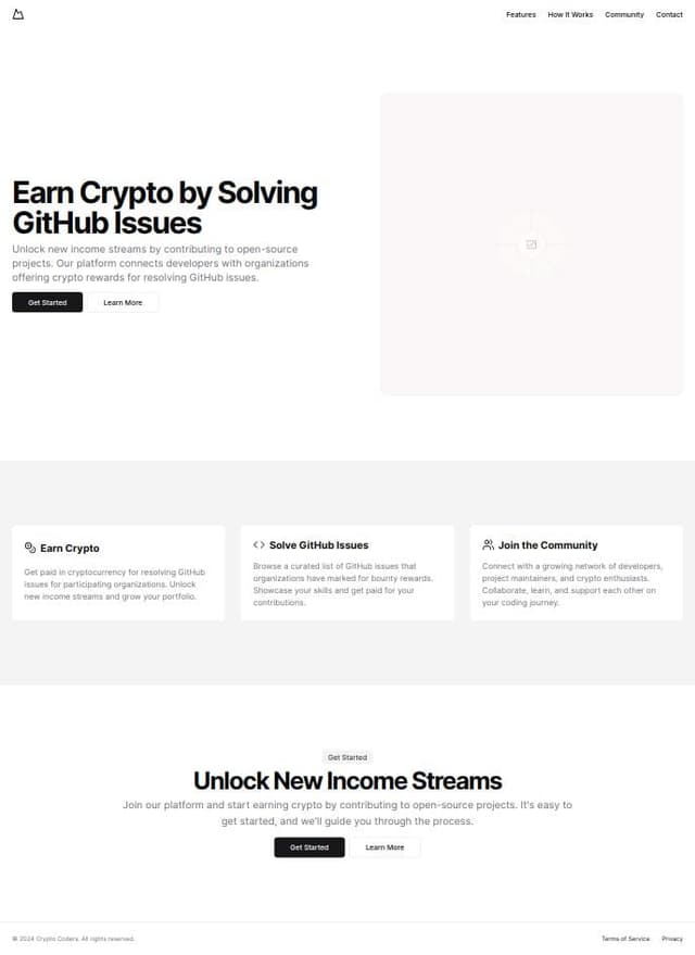 Thumbnail for prompt: landing page for a project that involves developers earning from solving github issues and getting paid in crypto (use a bento box on the landing page)