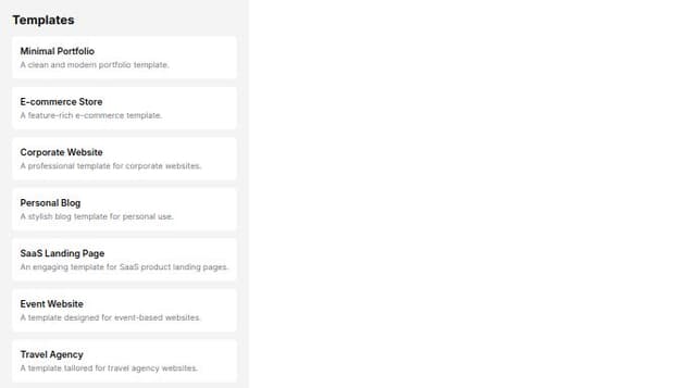Thumbnail for prompt: a list of templates on the left with the title and the details on the right in a modal with a search bar at the top for filtering