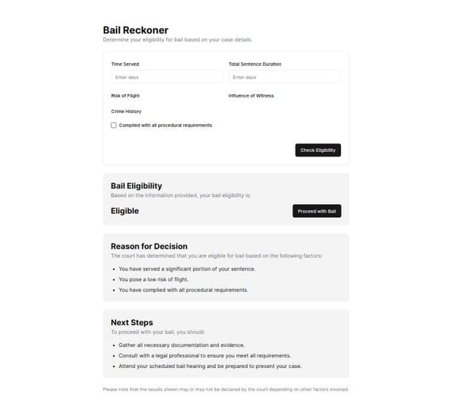 Thumbnail for prompt: create a page to show the results for inputs above with three div bail eligibility, the reason to suggest the decesion and options to proceed with