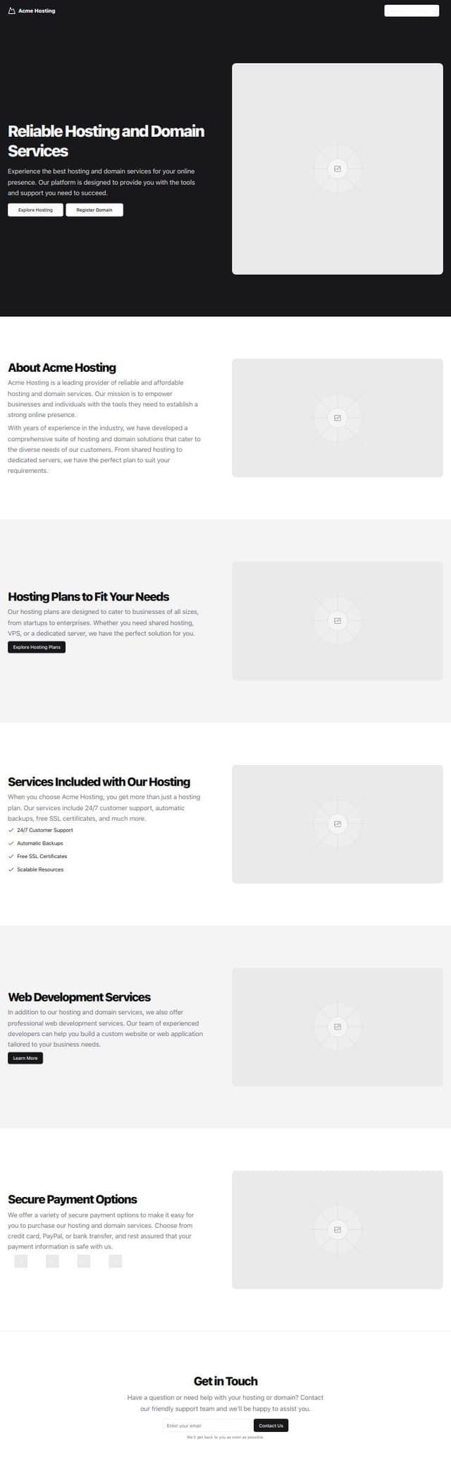 Thumbnail for prompt: “I want to create a website for a business focused on hosting and domain services with a menu of 6 items: home, about us, hosting and domain, payment, development, contact. Once the menu is created, there will be a main banner followed by a text wrapped in an H1 tag about the business, followed by a section about us and why you should choose us. Then, a section of plans showing the hosting plans for sale, another section to provide information on what the services include, continuing with a section of web development services and ending with the payment section and finally the contact section.”
