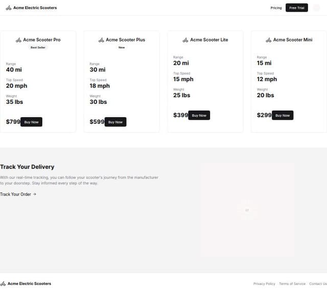 Thumbnail for prompt: a scooter selling website for tracking the movement of delivery from manufacturerr to end customer .it will also have the features to give free trail option to users and a login and sign up id option