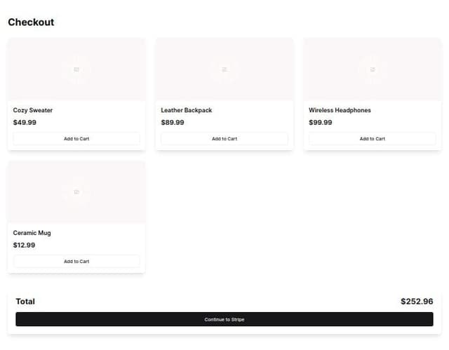 Thumbnail for prompt: create a checkout page that will eventually be paid with stripe. It should list all the items and their prices and have a continue button where the user will go to stripe
