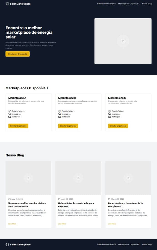 Thumbnail for prompt: crie uma single page para um marketplace de empresas de energia solar. essa página precisa ter um menu de simule um orçamento, marketplaces disponíveis e "nosso blog"